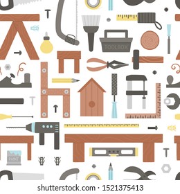 Vector tools seamless pattern. Flat colored illustration with building, carpenter equipment for card, poster or flyer design. Woodwork, repair service or craft workshop repeating background