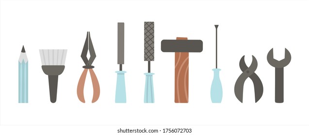 Vector tools set. Flat colored illustration with building, carpenter equipment for card, poster or flyer design. Woodwork, repair service or craft workshop concept