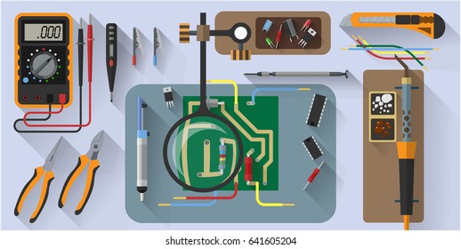 Vector tools set for soldering chips, circuits, motherboard. Flat style design elements.