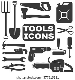 vector tools shadow icons with white background. Tools silhouette isolated.