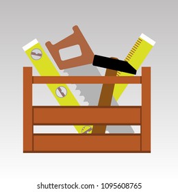 Vector tools in wood box on white background