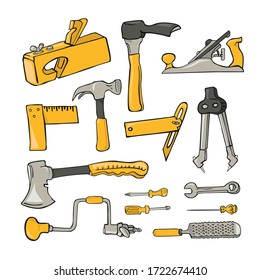 Vector tools for working on wood in cartoon style in gray and yellow tones svg