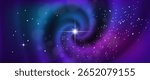 Vector toon purple spiral starry galaxy. Abstract space wide banner. Blurred swirl universe. Dense mesh. Cartoon curved swirls