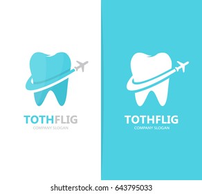 Vector of tooth and airplane logo combination. Dental and travel symbol or icon. Unique clinic and flight logotype design template.