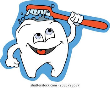 dente de desenho animado com escova de dentes