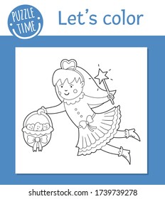 Vector Tooth Fairy coloring page. Cute funny teeth care character. Dental hygiene outline clipart for children. Fantasy creature illustration isolated on white background