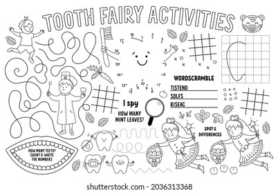 Colocación de Hadas Dentales Vectoras para niños. Grapado de actividad imprimible para el cuidado de la boca con laberinto, gráfico de dedos de tac tic, conectar los puntos, encontrar la diferencia. Tapa de juego dental en blanco y negro o página de color
