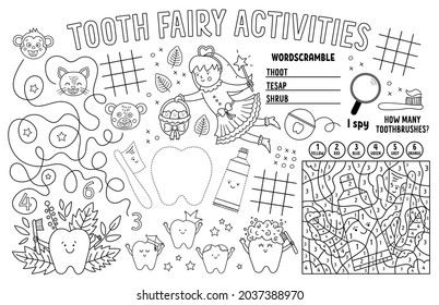 Vector Tooth Fairy placemat for kids. Mouth care printable activity mat with maze, tic tac toe charts, connect the dots, find difference. Black and white dental play mat or coloring page
