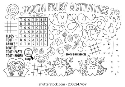 Vector Tooth Fairy placemat for kids. Mouth care printable activity mat with maze, tic tac toe charts, connect the dots, find difference. Black and white dental play mat or coloring page
