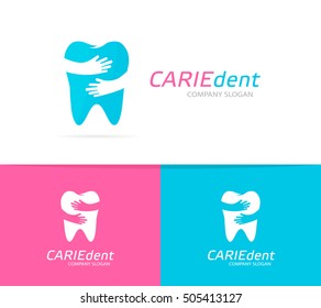 Vector Tooth And Hands Logo Combination. Dental Clinic And Embrace Symbol Or Icon. Unique Dent And Medical Logotype Design Template.