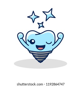 Vector tooth implant icon. Flat design illustration. Teeth care. Flat design illustration with shining effect stars. Oral dental hygiene