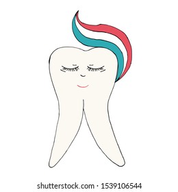 Vector tooth isolated on white. Healthy smiling teeth with tooth paste in his head. Character emotions. Cartoon medical illustration.