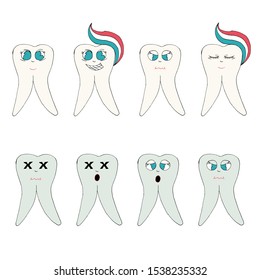 Vector tooth set isolated on white. Healthy smiling teeth, teeth with toothpaste, sick rotted teeth. Character emotions. Cartoon medical illustration.