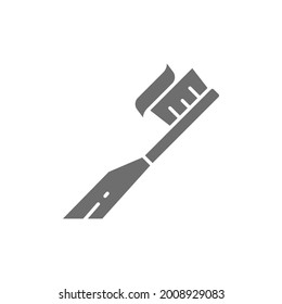 Vector toothbrush with paste, toothpaste grey icon.