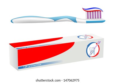 vector toothbrush and toothpaste on white background, gradient mesh used, raster version available