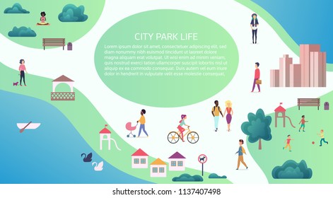 Vector Top map view concept of people at public city park walking and performing leisure outdoor activities.