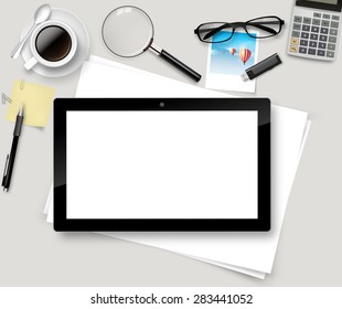 Vector Top office table with cup of coffee, papers, pencil, tablet.
