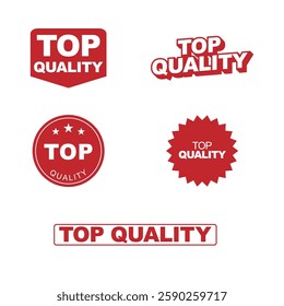 Vector "Top Quality" badges in red and white for product labeling, e-commerce, packaging, and ads