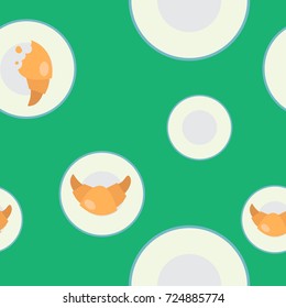 Vector top veiw table with croissants and plates. Seamless background with croissant and piece of croissant in flat style.