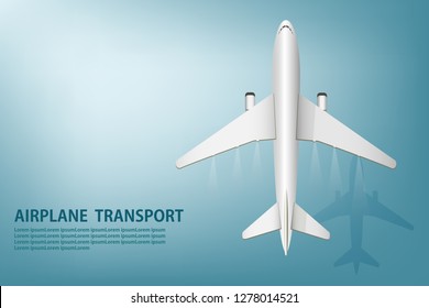 vector top view of airplane flying and shadow reflect on blue gradient background 