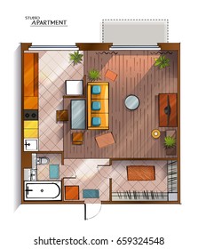 Vector top view architectural floor plan of modern and comfortable studio apartment which combines living room, bedroom and kitchenette with furniture.