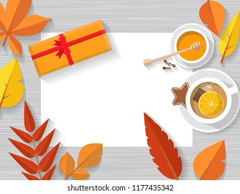 Vector top view of autumn still life. Leaves, with hot cup of tea with orange peel and honey.