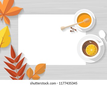 Vector top view of autumn still life. Leaves, with hot cup of tea with orange peel and honey.