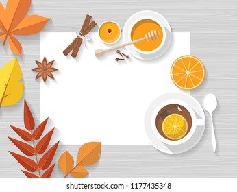 Vector top view of autumn still life. Leaves, with hot cup of tea with orange peel and honey.