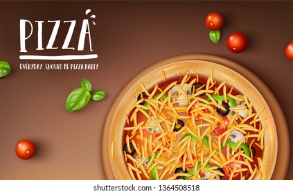 Vector. Top view background image with Logo and Pizza on wooden plate and cherry tomato with basil leafs around.