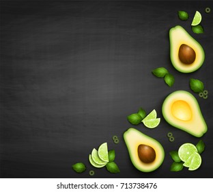 Vector top view background with realistic slices of ripe avocado lime green leaves and olives. Guacamole ingredients on black background. Food banner or menu template