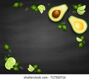 Vector top view background with realistic slices avocado lime green leaves and olives. Guacamole ingredients on black background. Food banner or mexican menu template