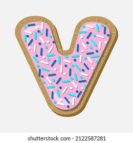 Vector top view of biscuit covered with pink chocolate in shape of letter V decorated with colorful confectionery topping isolated on white.