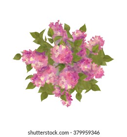 Vector top view bouquet of lilac on white background. Abstract polygonal geometric flowers