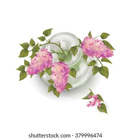 Vector top view bouquet of lilac in a vase on white background