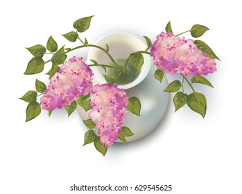 Vector top view bouquet of lilac in a vase on white background