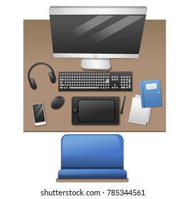 Vector, Top view of the brown table and blue chair on the table are computer, keyboards, mouse, pen mouse, mobile phone and headphones on white background