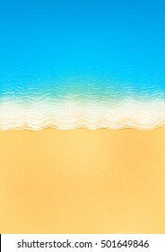 Vector top view of calm ocean beach with blue waves, yellow sand, and white foam, vertical image