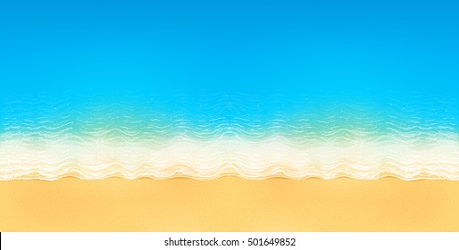 Vector top view of calm ocean beach with blue waves, yellow sand, and white foam, horizontal image