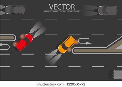 Vector Top View Car U Turn On The Road.u Turn Sign.turn Signal