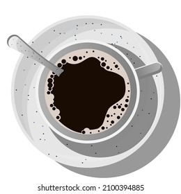 Vector top view of ceramic cup with black coffee on saucer with spoon isolated on white background.
