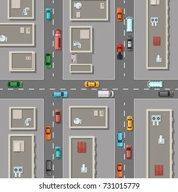 Vector top view city with office buildings rooftops, cars on the roads illustration. Town street with traffic car, urban map with house building