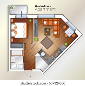 Vector top view color architectural floor plan of one bedroom apartment. Modern dining room, bedroom and bathroom interior with furniture.