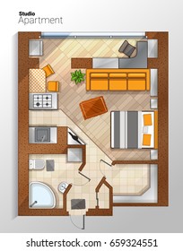 Vector top view color architectural floor plan of modern studio apartment which combines living room, bedroom and kitchenette with furniture.