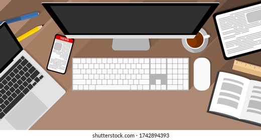 Vector top view of computer, laptop, tablet, cellphone, stationeries, cup of coffee and book on the table with empty space at bottom of picture, work from home, stay home, new normal, illustration