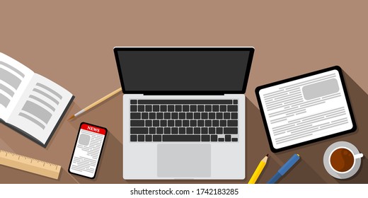 Vector top view of a computer notebook, a tablet, a cellphone, a stationeries, a cup of coffee and a book on the table with empty space at top of picture, work from home, new normal, illustration