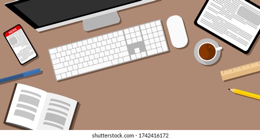 Vector top view of a computer, a tablet, a cellphone, a stationeries, a cup of coffee and a book on the table with empty space at middle of picture, work from home, stay home, new normal, illustration
