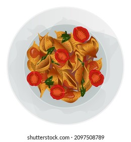 Vector top view of conchiglie pasta with sauce, tomatoes, herbs in plate isolated on white background.
