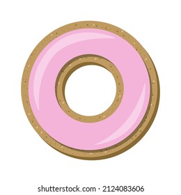 Vector top view of cookie in pink chocolate in the shape of the letter O.