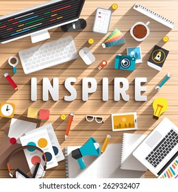 Vector top view of desk prepare working for text INSPIRE. Flat design illustration.