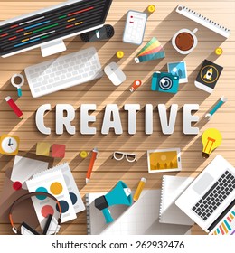 Vector top view of desk prepare working for text CREATIVE. Flat design illustration.